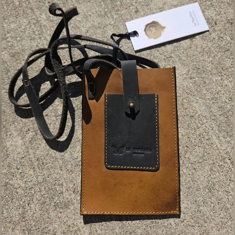 Le Papillon Leather Hand Made Crossbody Purse Bag New With Tags Black Cognac Tan